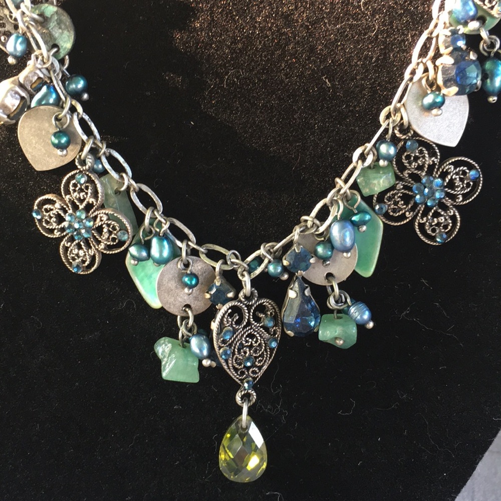 Boho silver, green & blue necklace with earrings